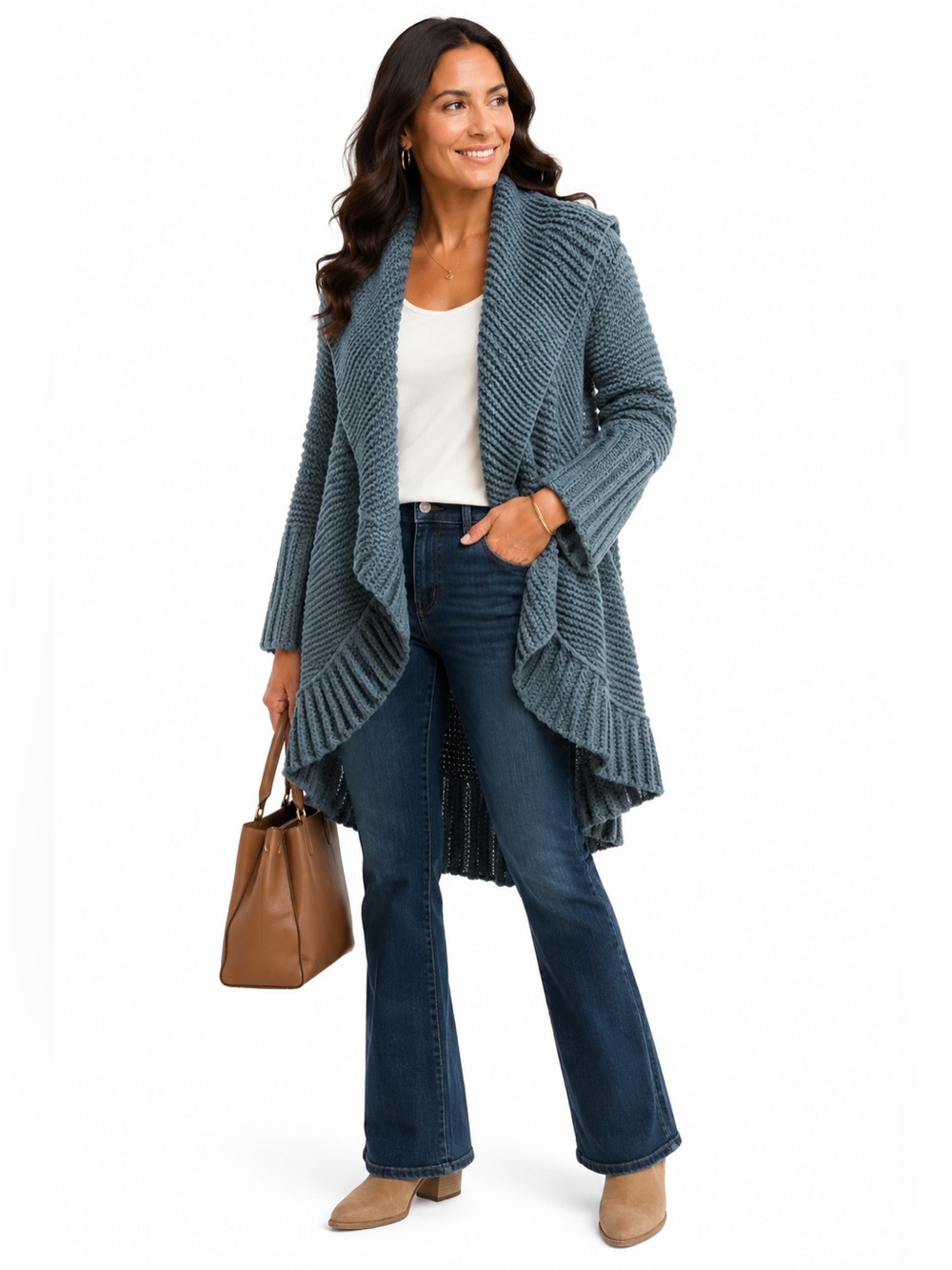 Angel Of The North Slate Blue Ruffled Open-Front Cardigan CT - Picture 2 of 11